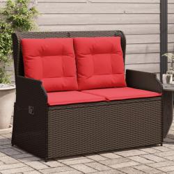 Banc inclinable de jardin avec coussins marron r&eacute;sine tress&eacute;e