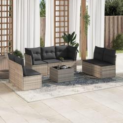 Salon de jardin 8 pcs avec coussins gris clair r&eacute;sine tress&eacute;e