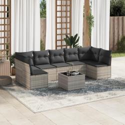 Salon de jardin 8 pcs avec coussins gris clair r&eacute;sine tress&eacute;e