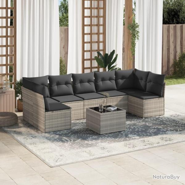 Salon de jardin 8 pcs avec coussins gris clair r�sine tress�e