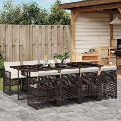Ensemble &agrave; manger de jardin et coussins 9 pcs marron poly rotin