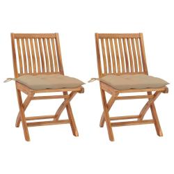 Chaises de jardin lot de 2 et coussins beige Bois teck massif