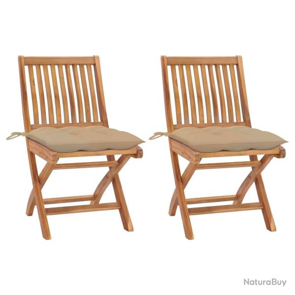 Chaises de jardin lot de 2 et coussins beige Bois teck massif