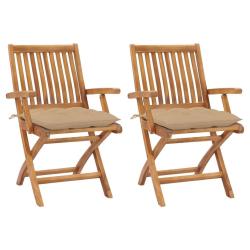 Chaises de jardin lot de 2 et coussins beige Bois teck massif