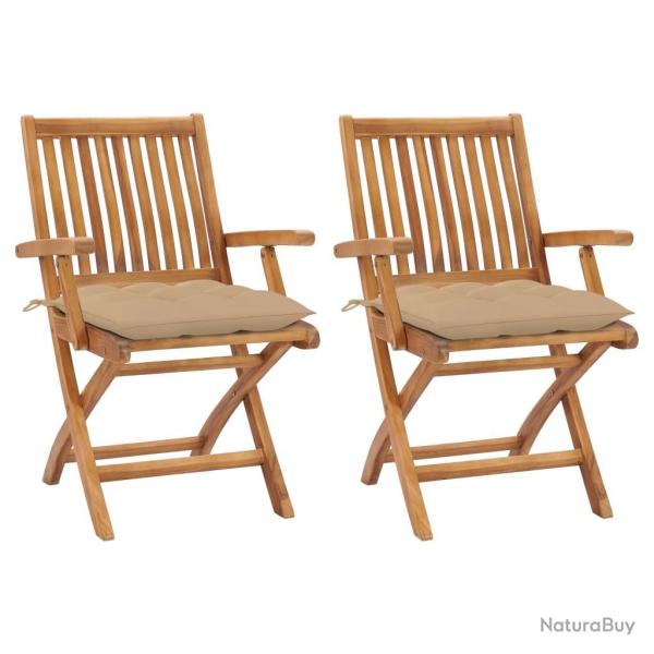 Chaises de jardin lot de 2 et coussins beige Bois teck massif
