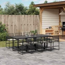 Ensemble &agrave; manger de jardin 9pcs coussins noir r&eacute;sine tress&eacute;e