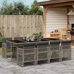 Ensemble &agrave; manger de jardin 9 pcs coussins gris r&eacute;sine tress&eacute;e