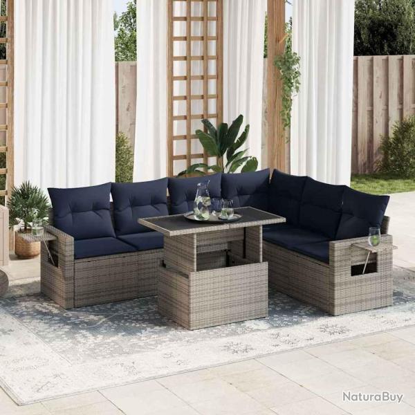 Salon de jardin avec coussins 7 pcs gris r�sine tress�e