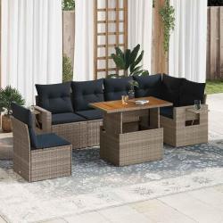 Salon de jardin avec coussins 7 pcs gris r&eacute;sine tress&eacute;e