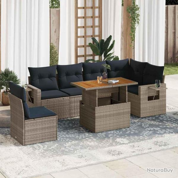 Salon de jardin avec coussins 7 pcs gris r�sine tress�e