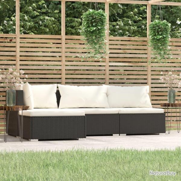 Salon de jardin 4 pcs avec coussins Noir R�sine tress�e