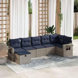 Salon de jardin avec coussins 7 pcs gris r&eacute;sine tress&eacute;e
