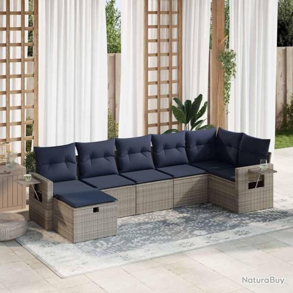 Salon de jardin avec coussins 7 pcs gris r�sine tress�e