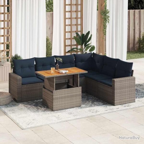Salon de jardin avec coussins 7 pcs gris r�sine tress�e