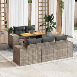 Salon de jardin 6 pcs avec coussins gris r&eacute;sine tress&eacute;e