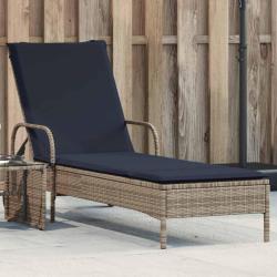 Chaise longue &agrave; roulettes avec coussin gris r&eacute;sine tress&eacute;e