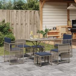 Ensemble &agrave; manger de jardin 7 pcs coussins gris r&eacute;sine tress&eacute;e