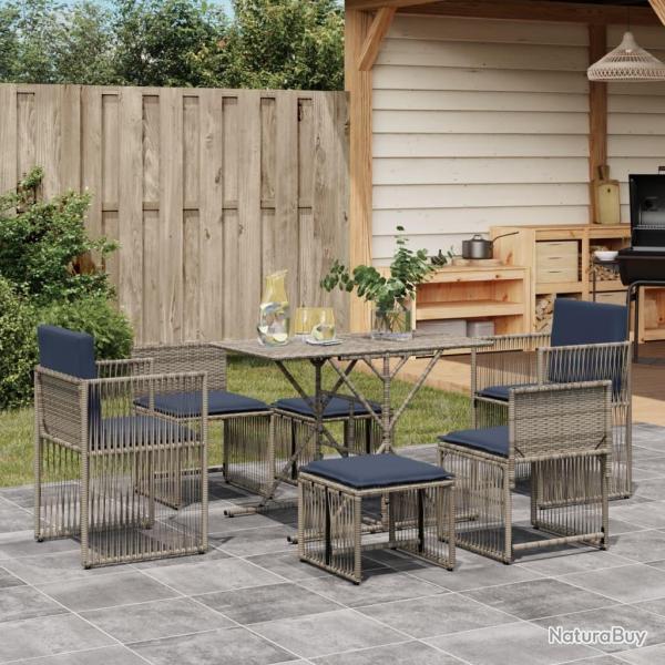Ensemble � manger de jardin 7 pcs coussins gris r�sine tress�e