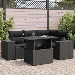 Salon de jardin 5 pcs avec coussins noir r&eacute;sine tress&eacute;e