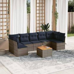 Salon de jardin 8 pcs avec coussins gris r&eacute;sine tress&eacute;e