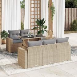 Salon de jardin avec coussins 6 pcs beige r&eacute;sine tress&eacute;e