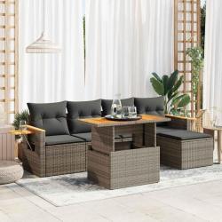 Salon de jardin avec coussins 6 pcs gris r&eacute;sine tress&eacute;e acacia