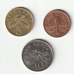 Lot De  3 Pi&egrave;ces de Monnaie SINGAPOUR