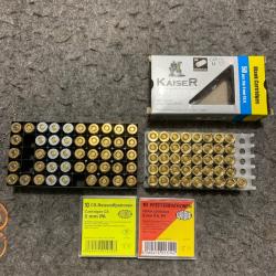 Lot de 87 munitions a blanc cal 9mmPAK ainsi que 2 boites de 10 cartouches a gaz cs