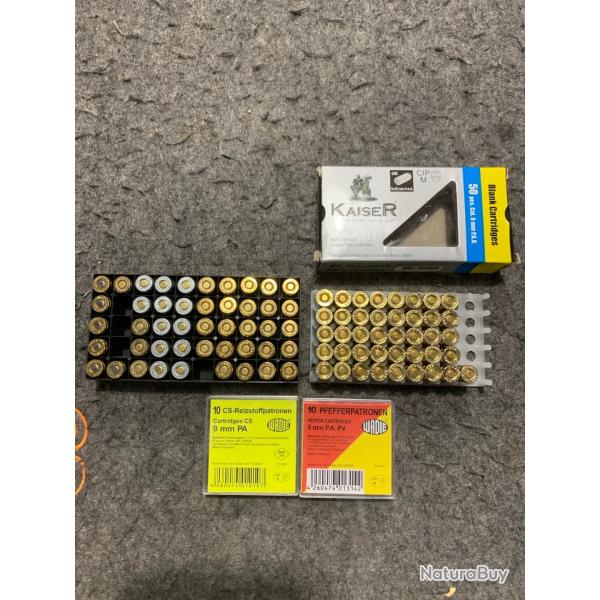Lot de 87 munitions a blanc cal 9mmPAK ainsi que 2 boites de 10 cartouches a gaz cs