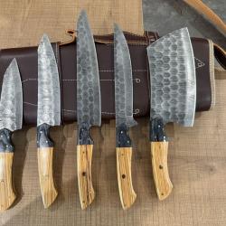 Set de 5 Couteaux de Chef DAMAS Artisanal, Forg&eacute; &agrave; la Main Couteaux de Cuisine avec &Eacute;tui en Cuir  ..