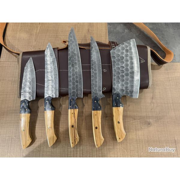 Set de 5 Couteaux de Chef DAMAS Artisanal, Forg� � la Main Couteaux de Cuisine avec �tui en Cuir  ..