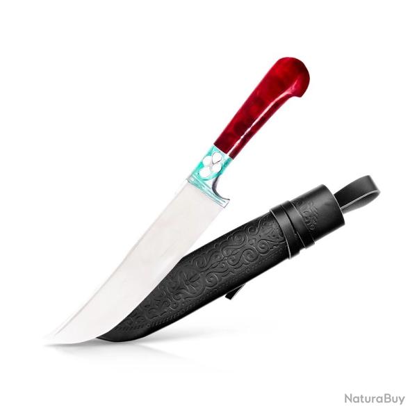 Couteau Pchak Ouzbek Artisanal 29cm  Lame Acier Carbone  Manche Rouge en Bois Stabilis�