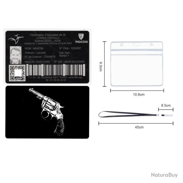 Licence de tir en aluminium grav� au laser (Recto / Verso) + Porte badge tour de cou - Version rigid