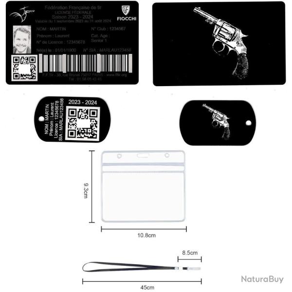 Licence de tir + Port� cl� TAG militaire en aluminium grav� au laser (Recto / Verso) + Porte badge t