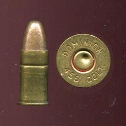 .455 Colt - Rare en Europe - balle plomb cuivr&eacute; - marquage : DOMINION 455 COLT - neutralis&eacute;e