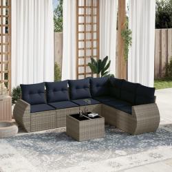 Ensemble de canap&eacute; de jardin 7 pcs avec coussins gris r&eacute;sine tress&eacute;e