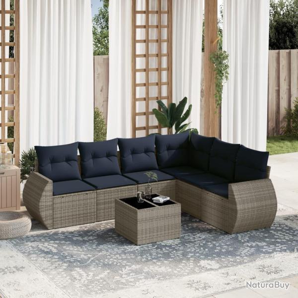 Ensemble de canap� de jardin 7 pcs avec coussins gris r�sine tress�e