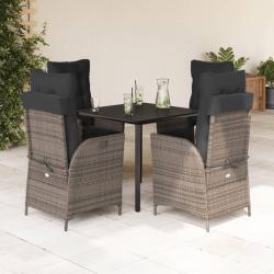 Ensemble &agrave; manger de jardin 5 pcs coussins gris r&eacute;sine tress&eacute;e