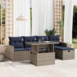 Ensemble de canap&eacute; de jardin 6 pcs avec coussins gris r&eacute;sine tress&eacute;e