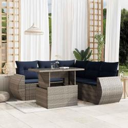 Ensemble de canap&eacute; de jardin 6 pcs avec coussins gris r&eacute;sine tress&eacute;e