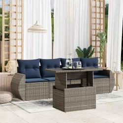 Ensemble de canap&eacute; de jardin 5 pcs avec coussins gris r&eacute;sine tress&eacute;e