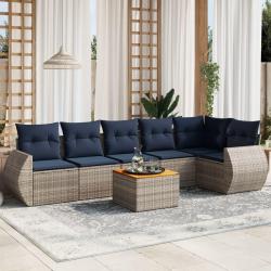 Ensemble de canap&eacute; de jardin 7 pcs avec coussins gris r&eacute;sine tress&eacute;e