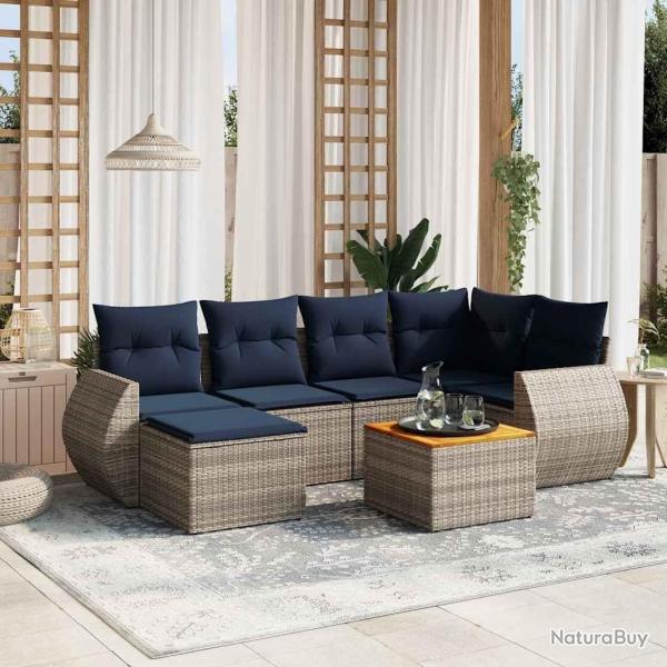 Ensemble de canap� de jardin 7 pcs avec coussins gris r�sine tress�e