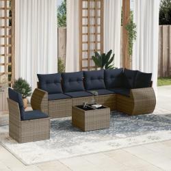Ensemble de canap&eacute; de jardin 7 pcs avec coussins gris r&eacute;sine tress&eacute;e