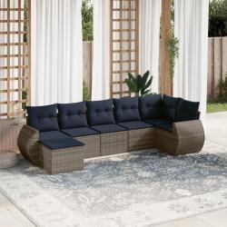 Ensemble de canap&eacute; de jardin 7 pcs avec coussins gris r&eacute;sine tress&eacute;e
