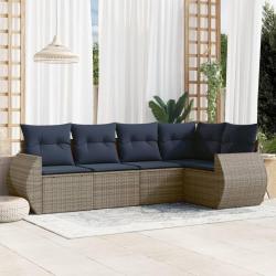 Ensemble de canap&eacute; de jardin 5 pcs avec coussins gris r&eacute;sine tress&eacute;e