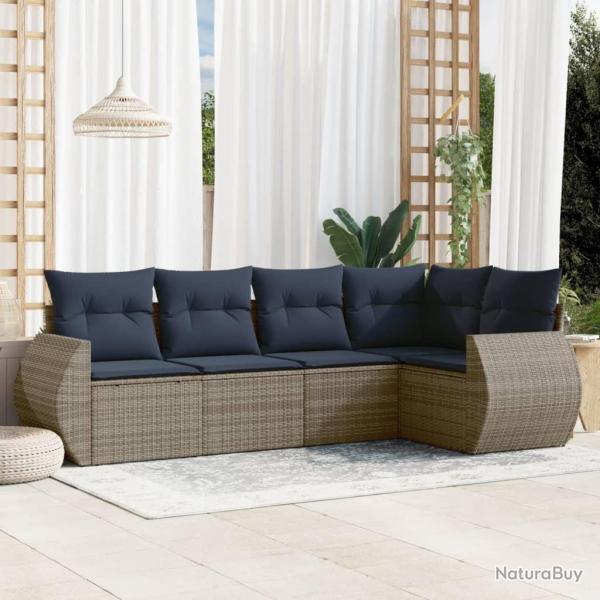 Ensemble de canap� de jardin 5 pcs avec coussins gris r�sine tress�e