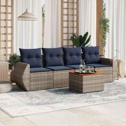 Ensemble de canap&eacute; de jardin 5 pcs avec coussins gris r&eacute;sine tress&eacute;e