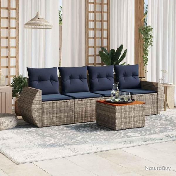 Ensemble de canap� de jardin 5 pcs avec coussins gris r�sine tress�e