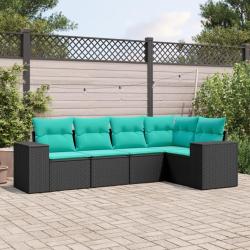 Salon de jardin 5 pcs avec coussins noir r&eacute;sine tress&eacute;e